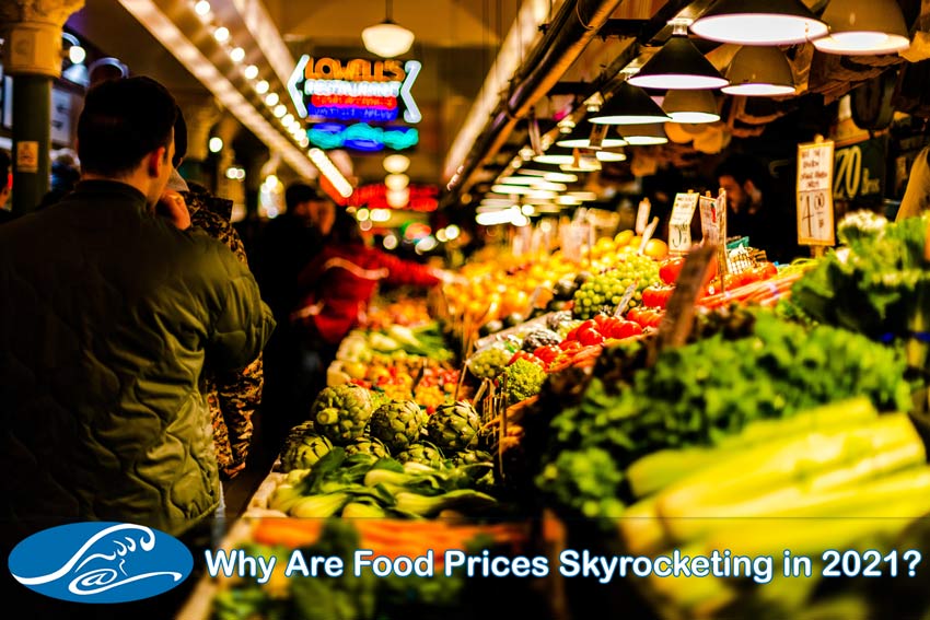 Kahl Consultants - Why Are Food Prices Skyrocketing in 2021 - People in a marketplace, logo and texts. 
