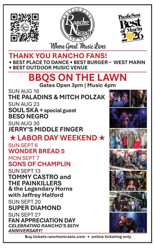 Kahl Consultants - Rancho Nicasio Wins Pacific Sun Best of Marin - Awards List - Images of performers, logos and texts.